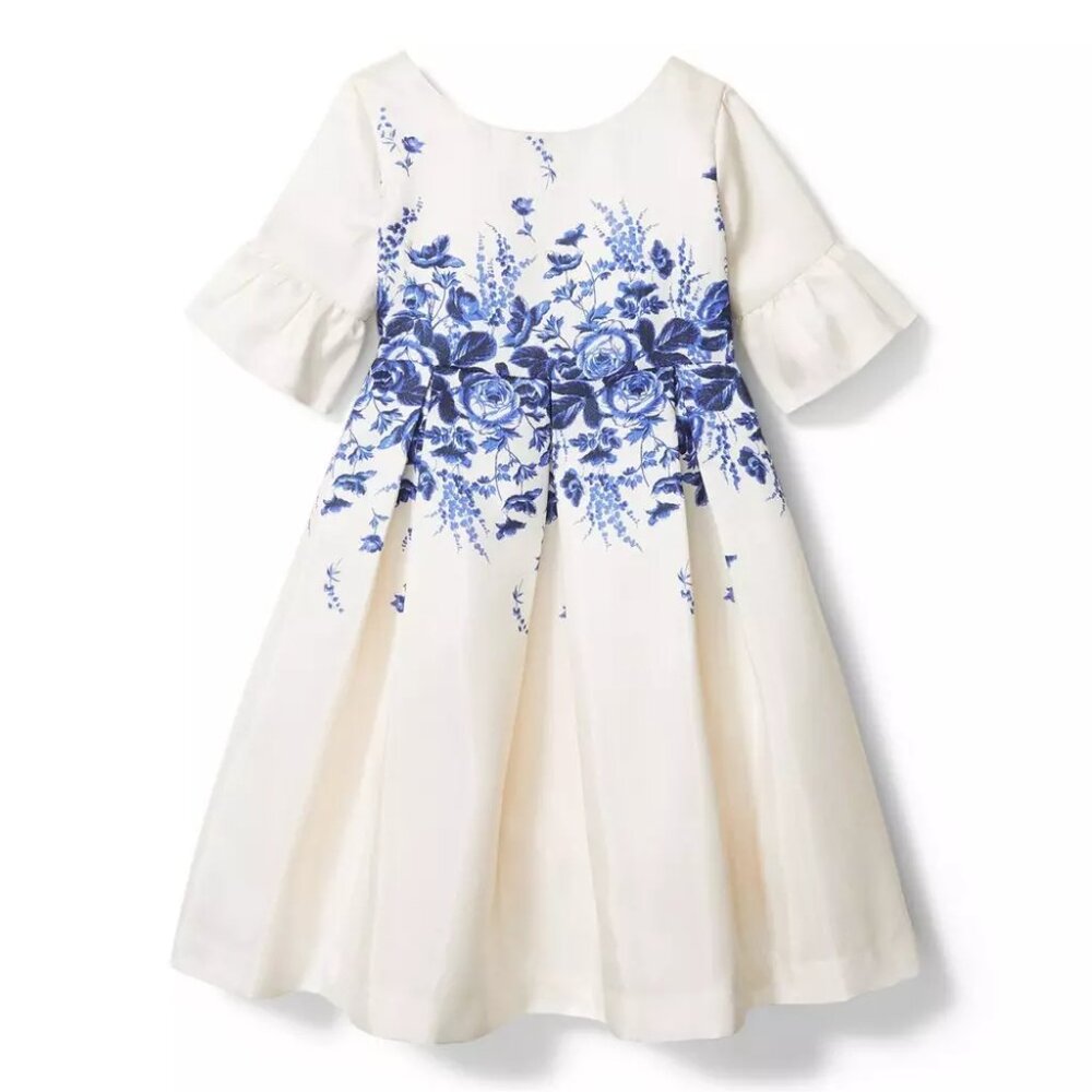 Girls Floral Border Ruffle Sleeve Dress, Size 7